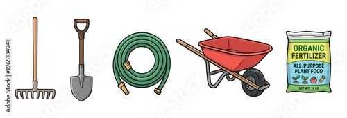 Set of colorful cartoon gardening tools including a rake, shovel, hose, wheelbarrow, and organic fertilizer bag arranged in a neat row for yard work and landscaping
