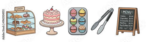 Set of hand-drawn bakery illustrations featuring a display case, cake, cupcakes, tongs, and a menu chalkboard in a cute cartoon doodle style