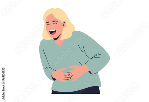 Illustration of a young woman with blonde hair laughing heartily, clutching her stomach in amusement and joy