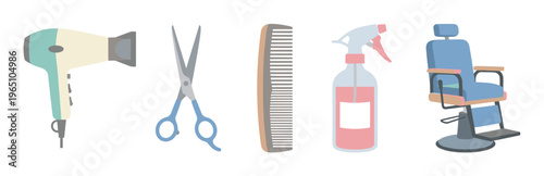 Set of professional hairdresser tools including a hairdryer, scissors, comb, spray bottle, and salon chair, presented as a colorful flat vector illustration for a beauty concept