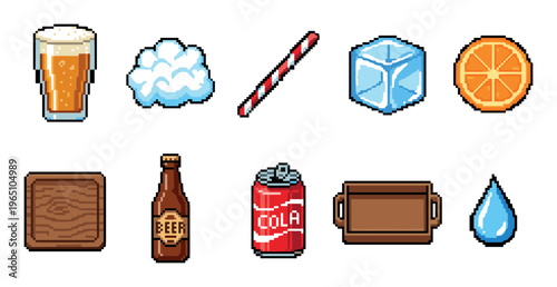 Collection of pixel art food and drink icons featuring a beer glass, soda can, ice cube, and orange slice in a retro 8-bit video game style for graphic design elements