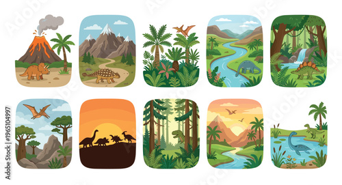 Collection of cute dinosaur cartoon scenes featuring various species like Triceratops, T-Rex, and Pterodactyl in vibrant prehistoric landscapes for children's illustration