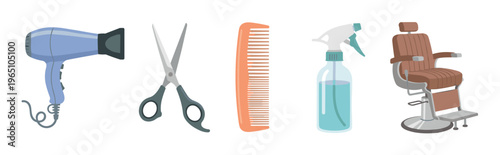 Set of professional barbershop and hairdresser tools including a hairdryer, scissors, comb, spray bottle, and a classic barber chair in a flat cartoon illustration style