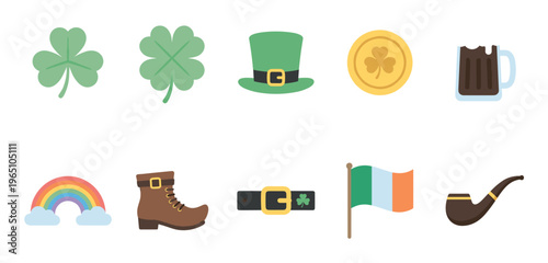 Collection of St Patrick's Day icons including a shamrock, leprechaun hat, gold coin, rainbow, and beer, presented in a clean flat design style for festive holiday celebrations
