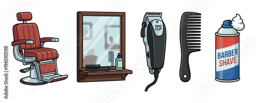 Collection of illustrated barbershop equipment including a red chair, mirror, electric clipper, comb, and shaving foam can in a classic cartoon vector style for salon concepts