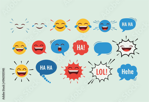 Collection of expressive cartoon emojis and speech bubbles conveying laughter, joy, and humor in a fun, vibrant, and playful design style