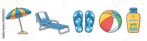 Set of colorful summer beach accessories including a sun umbrella, lounge chair, flip-flops, inflatable ball, and sunscreen lotion in a fun cartoon vector illustration style