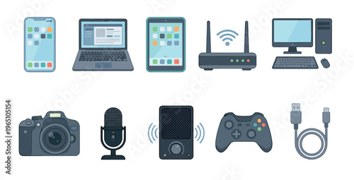 Collection of modern electronic devices and gadgets including a computer, laptop, smartphone, and camera, illustrated in a clean, flat vector style with bold outlines