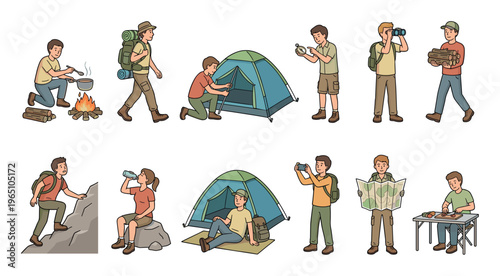 Collection of hand-drawn cartoon characters engaged in various outdoor camping and hiking activities like cooking, trekking, navigating with a map, and setting up a tent