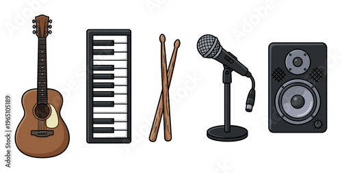 Set of cartoon musical instruments and equipment including an acoustic guitar, keyboard, drumsticks, microphone, and speaker, illustrated in a bold outline comic art style