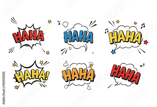 Dynamic collection of pop art inspired comic speech bubbles with 'HAHA' text, featuring various colorful designs and graphic elements to express laughter and humor