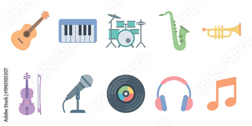 Set of ten music-themed icons featuring various instruments and audio gear like a guitar, keyboard, drum kit, saxophone, trumpet, violin, microphone, vinyl record, and headphones