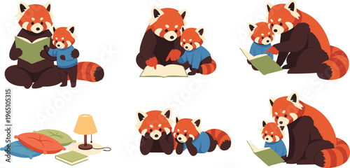 Cute Red Panda Family Vector Collection with Parent and Baby Reading Books, Relaxing Together, Learning, Cozy Home, Cartoon Animal Illustrations for Digital Designs