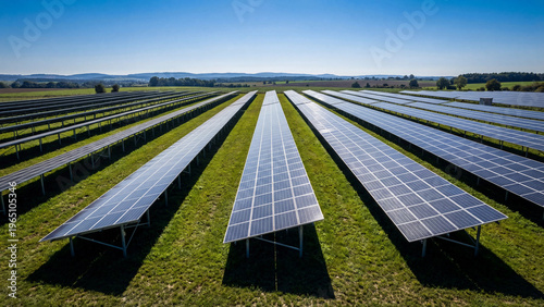 Solar panels arranged in rows on green field under clear sky  