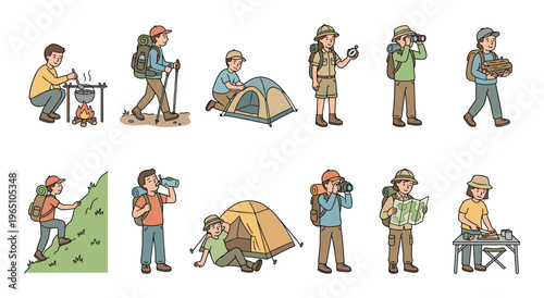 Collection of hand-drawn cartoon characters engaged in various camping and hiking activities, including cooking, navigating with a map, climbing, and setting up a tent in a doodle style