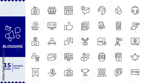 Blogging Icon for Content Creation, Blog, influencer, content, vlog, vlogger, followers, social media,Outline icon in linear style. Vector collection