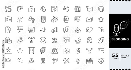 Blogging Icon for Content Creation, Blog, influencer, content, vlog, vlogger, followers, social media,Outline icon in linear style. Vector collection