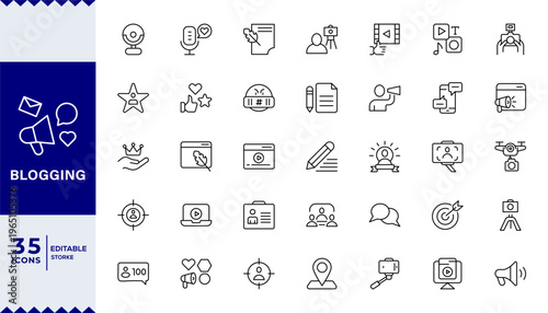 Blogging Icon for Content Creation, Blog, influencer, content, vlog, vlogger, followers, social media,Outline icon in linear style. Vector collection