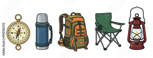 Set of essential camping and hiking equipment including a compass, thermos, backpack, folding chair, and lantern, depicted in a colorful cartoon vector illustration style