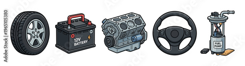 Five essential automotive spare parts illustrated in a clean cartoon style, showing a wheel, battery, engine block, steering wheel, and fuel pump assembly