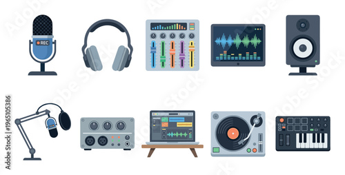 Set of audio recording and music production equipment icons with a microphone, headphones, mixer, speaker, turntable, and MIDI keyboard in a flat vector illustration style