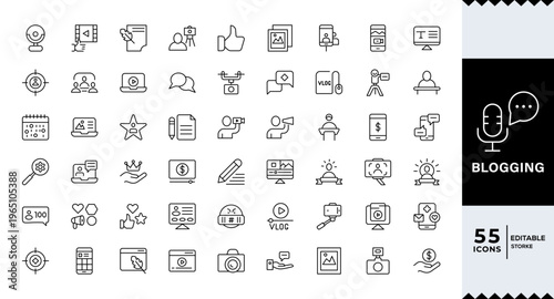 Blogging Icon for Content Creation, Blog, influencer, content, vlog, vlogger, followers, social media,Outline icon in linear style. Vector collection