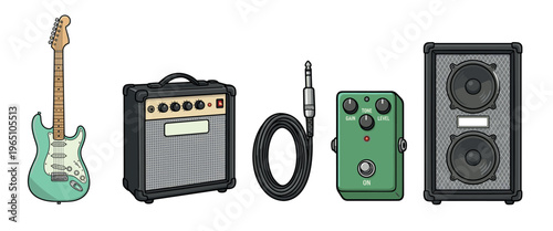 Electric guitar equipment set with amplifier, speaker cabinet, effects pedal, and cable in a hand-drawn cartoon illustration style for musicians and rock music concepts