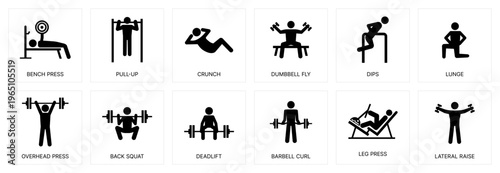 Fitness Exercise and Gym Workout Icon Set, Black Silhouette Vector Illustration of Bodybuilding Training, Strength Exercises Symbols on White Background