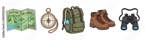 Set of cartoon hiking equipment icons including a map, compass, backpack, boots, and binoculars for an outdoor adventure, illustrated in a simple and colorful hand-drawn style