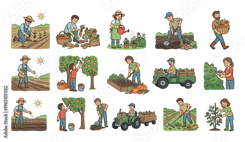 Colorful collection of cartoon farming illustrations showing men, women, and children engaged in agricultural work like planting, harvesting, watering, and picking fresh produce