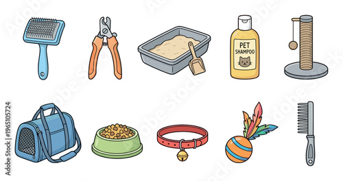 Colorful illustrated set of cat supplies and accessories for grooming, feeding, and play, including a brush, carrier, food bowl, litter box, and toys