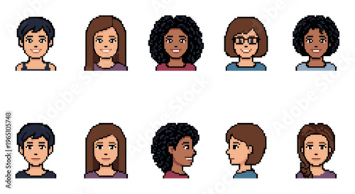 Collection of diverse female pixel art character portraits showing different hairstyles and ethnicities from front and side profile views for a video game or online avatar