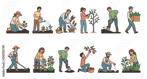 Collection of farmer and gardener character illustrations showing agricultural work like planting, harvesting, watering, and digging in a cute cartoon doodle style