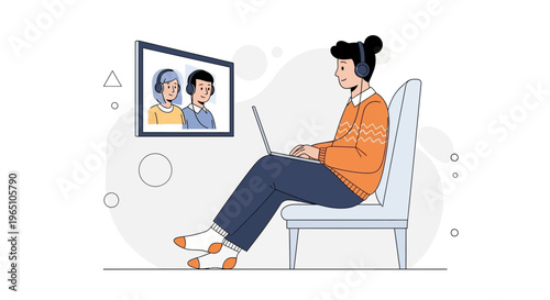 Person on Video Call with Headphones and Laptop, Remote Work Concept