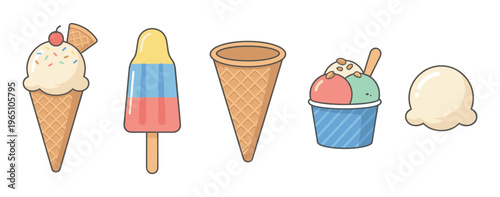 Cute cartoon ice cream illustration set featuring various frozen desserts like a cone with sprinkles, a colorful popsicle, a cup of gelato, and a single scoop