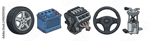 Collection of essential car components including a tire, battery, engine, steering wheel, and fuel pump, rendered in a detailed and colorful comic book illustration style