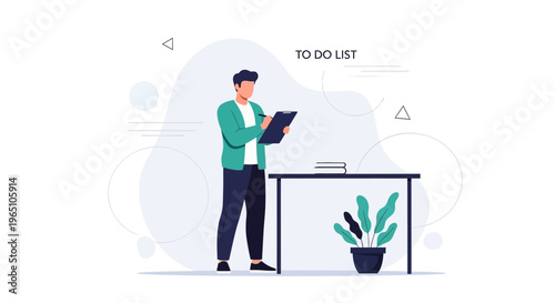 Man writing on clipboard, to-do list concept, modern flat illustration