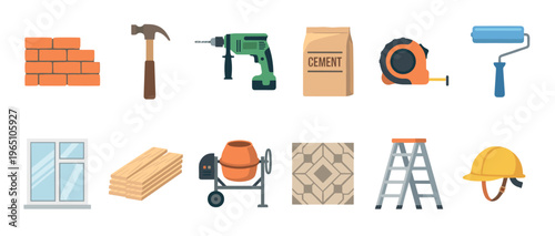 Collection of construction and building icons featuring a hammer, drill, cement, lumber, and hard hat, illustrated in a colorful flat design style for home improvement and renovation concepts