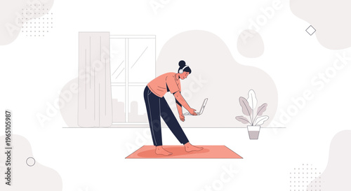 Woman doing yoga and working on laptop at home, healthy lifestyle concept
