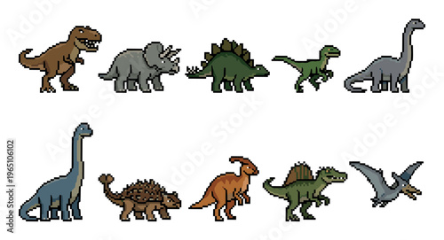 Set of pixel art dinosaur characters featuring various species like T-Rex, Triceratops, and Stegosaurus in a retro 8-bit video game sprite style for a prehistoric themed design