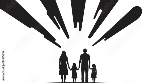 Black silhouette of a happy family holding hands together under abstract rays of light for conceptual unity and hope illustration.