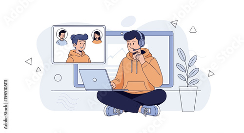Young man in headphones on video call, online meeting, remote work, distance communication