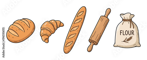 Set of cartoon baking illustrations showing a loaf of bread, croissant, baguette, rolling pin, and a sack of flour in a charming hand-drawn doodle style for culinary designs