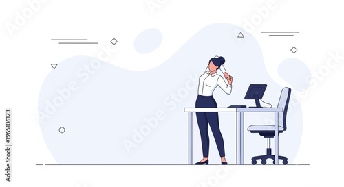 Businesswoman stretching at desk, office interior, modern design, minimalist style