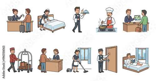 Hotel staff and service cartoon illustration set showing a receptionist, maid, chef, and bellboy providing hospitality to guests during their stay