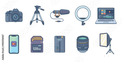 Set of digital photography and video production equipment including a camera, tripod, microphone, laptop, ring light, and softbox, presented as a colorful flat line icon collection