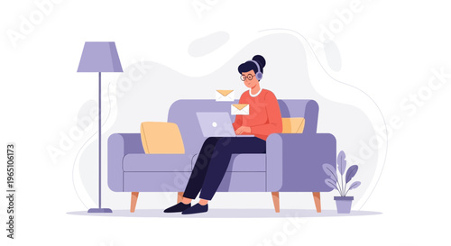 Person working on laptop with headphones, receiving emails, remote work concept