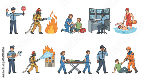 Collection of emergency service worker illustrations showing police, firefighters, paramedics, and lifeguards performing their duties, including rescue, firefighting, and first aid