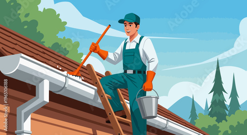 A man in overalls cleaning a house gutter with a brush on a roof with trees and mountains in the background.