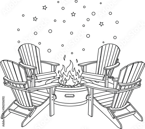 Cozy outdoor campfire line art illustration with four wooden Adirondack chairs around a fire pit under a starry night sky.